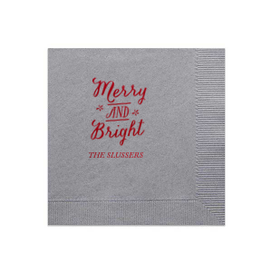 Our beautiful custom Silver Shimmer Cocktail Napkin with Shiny Convertible Red Foil Color has a Merry and Bright graphic and is good for use in Christmas themed parties and can be customized to complement every last detail of your party.
