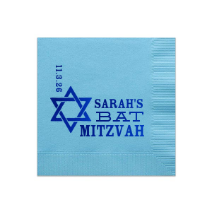 Mazel Tov to the Bat Mitzvah on her milestone moment! The Star of David Bat Mitzvah Napkin elegantly displays the celebrant's name and special date beside the Star of David. A symbolic and traditional design for this coming of age ceremony.
