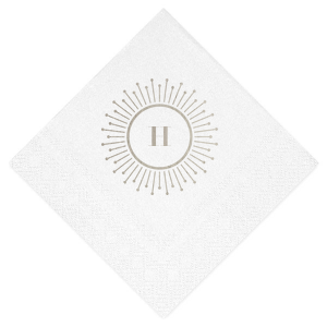 Our beautiful custom Crystal White Shimmer Cocktail Napkin with Shiny Green Tea Imprint Foil Color has a sunburst frame 2 graphic and is good for use in Elegant themed parties and will give your party the personalized touch every host desires.