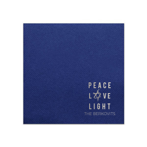 Our custom Navy Linen Like Dinner Napkin with Shiny Sterling Silver Imprint Foil Color has a Painted Star graphic and is good for use in Jewish Holiday themed parties and can be customized to complement every last detail of your party.