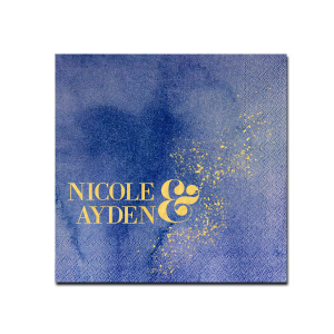 Custom Watercolor Nightfall Cocktail Napkins with Bleed with Shiny 18 Kt Gold Foil has a Galaxy Dust graphic and is good for use in Organic, Stars, Weeding and Constellation themed parties and can be customized to complement every last detail of your party.