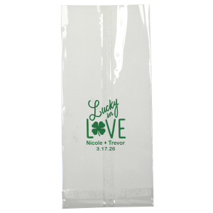 Our personalized Satin Leaf Large Cellophane Bag with Satin Leaf Foil has a Lucky In Love graphic and is good for use in St. Patrick's Day, Wedding themed parties and will give your party the personalized touch every host desires.