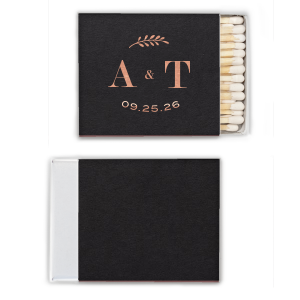 The Leaf Initials Matchbook design showcases a sleek, modern font for the couple's initials, artfully linked by a diminutive ampersand. An elegantly arched bough floats above, adding a natural touch. Below, the event date subtly arcs, complementing the design's fluidity and contemporary charm.