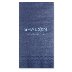Infuse your gathering with a message of peace using the Shalom Family Name Napkin, where 'Shalom' is gracefully inscribed, its 'O' transformed into the Star of David. Below, your family name adds a personal touch, welcoming guests with a symbol of harmony.