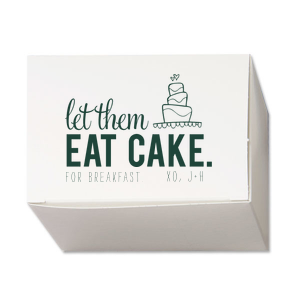 Indulge your guests with the Let Them Eat Cake Favor Box, where a joyous wedding cake and floating hearts invite a deliciously cheeky suggestion. 'Let them Eat Cake For Breakfast'—a whimsical farewell for a slice of morning-after bliss, personalized with the couple’s names