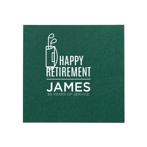 Mark the transition to the fairways of free time with the Retirement Golf Napkin, pairing a golf bag graphic with 'Happy Retirement.' Add the retiree's name and years of dedication below, teeing up a tribute for their well-deserved next chapter.