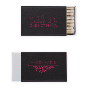 Set the scene for elegance with the One Hot Mama Matchbox, where verdant foliage cascades like a natural tapestry, with the honoree's name serenely suspended above. The reverse offers space for a bespoke message, to light up your celebration! 