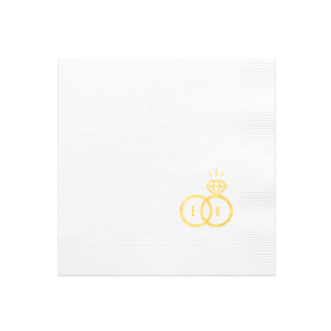 Celebrate unity with the Diamond Ring Initials Wedding Napkin. This elegant design intertwines a sparkling diamond and a classic band, symbolizing an unbreakable bond. Each circle cradles the couple's initials, beautifully illustrating their joined lives. Perfect for weddings, it's a sophisticated emblem of love and commitment.