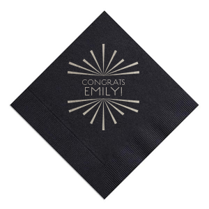 Celebrate milestones with the Starburst Celebration Napkin, featuring a dynamic starburst frame. The word 'Congrats' and the person's name radiate energetically from the center, creating a visual spectacle. This design, akin to a shining star, places the congratulatory message at the epicenter of the celebration.