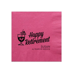 The Happy Retirement Tiki Napkin perfectly captures the joy and relaxation of post-retirement life. It features a cocktail glass graphic, complete with straws, a mini umbrella, and ice cubes, to symbolize leisure and festivity. The retiree's name and years of service celebrate their lifetime achievement. This design is an ode to a new chapter filled with enjoyment and freedom. 