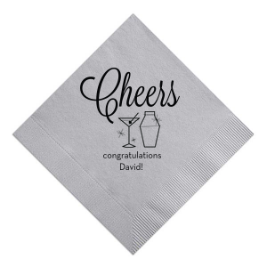 Celebrate in vintage style with the Retro Martini Cheers Napkin, encapsulating a 1950s retro flair. The design highlights "Cheers" in a bold, swirly script, symbolizing exuberant celebration. A classic martini glass and shaker, accented with retro starbursts, set the scene, while a personalized message and the honored individual's name underscore this spirited tribute to someone special.
