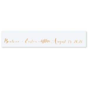 Enrich your wedding décor with the Crest Initials Ribbon, elegantly scripted with the couple's names and special date, joined by a delicate, hand-drawn branch. This ribbon weaves a narrative of love throughout your celebration, adding a sophisticated and personalized touch to your day