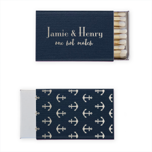 Set sail with the Nautical Pair Matchbox, showcasing the couple's names in elegant font on the front, accompanied by a playful "one hot match" in charming script. The back is adorned with a sea of nautical anchors, lending a maritime feel, perfect for couples celebrating their perfect union.