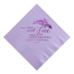 The ever-popular Lavender Cocktail Napkin with Shiny Amethyst Foil Color has a Rustic Floral graphic and is good for use in Wedding themed parties and couldn't be more perfect. It's time to show off your impeccable taste.