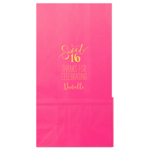 The Sweet 16 Bag exudes youthful joy with its swirling script celebrating the milestone birthday. Flourished 'Sweet' over a bold '16', coupled with a grateful 'Thanks for Celebrating' and the birthday star's name, makes this design a perfect, vibrant token for any Sweet Sixteen bash.