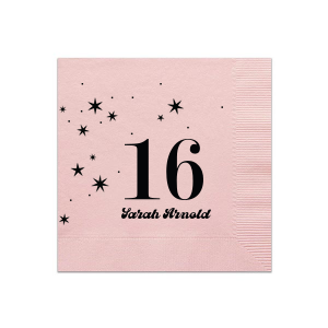 This Sweet 16 Star Napkin features bold birthday numerals surrounded by playful star accents and a custom name. Order yours to elevate your party décor and make your teen’s celebration feel extra special. Perfect for sweet sixteen birthday celebrations and trendy teen parties!