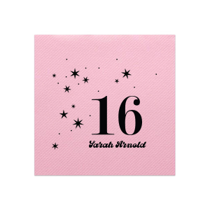 This Sweet 16 Star Napkin features bold birthday numerals surrounded by playful star accents and a custom name. Order yours to elevate your party décor and make your teen’s celebration feel extra special. Perfect for sweet sixteen birthday celebrations and trendy teen parties!