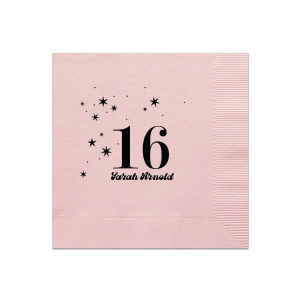 This Sweet 16 Star Napkin features bold birthday numerals surrounded by playful star accents and a custom name. Order yours to elevate your party décor and make your teen’s celebration feel extra special. Perfect for sweet sixteen birthday celebrations and trendy teen parties!