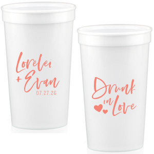 Our custom White 16 oz Stadium Cup with Matte Light Coral Ink has a Hearts 2 graphic and is good for use in Wedding, Hearts themed parties and can be personalized to match your party's exact theme and tempo.