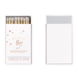 The ever-popular Natural Frost White Classic Matchbox with Shiny Rose Gold Foil has a Starry Night graphic and is good for use in Full Bleed, Stars themed parties and will make your guests swoon. Personalize your party's theme today.