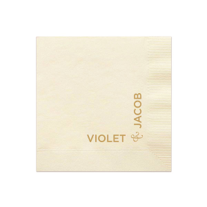 Experience sophistication with the Creative Ninety Degree Names Napkin. The design cleverly places one name horizontally along the napkin's edge and the other vertically, meeting at an elegant ampersand. This unique arrangement forms a 90-degree angle, symbolizing unity and creating a distinct, stylish presentation of the couple's names.