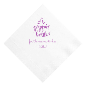 Uncork the fun with the Poppin' Bottles Baby Shower Napkin, where spirited bottle graphics boast of festivity. 'Poppin bottles' in playful script sets the tone for a bubbly bash, with space to add your custom touch of cheer.