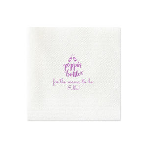 Uncork the fun with the Poppin' Bottles Baby Shower Napkin, where spirited bottle graphics boast of festivity. 'Poppin bottles' in playful script sets the tone for a bubbly bash, with space to add your custom touch of cheer.