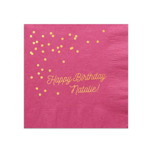 Celebrate in style with the Happy Birthday Confetti Popping Napkin, featuring a lively confetti of polka dots and "Happy Birthday" in elegant script, centered around the celebrant's name. This design exudes a joyful, confetti-like energy, perfect for adding a pop of fun to any birthday bash.