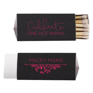 Set the scene for elegance with the One Hot Mama Matchbox, where verdant foliage cascades like a natural tapestry, with the honoree's name serenely suspended above. The reverse offers space for a bespoke message, to light up your celebration! 