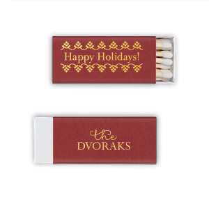 Ignite the festive spirit with the Happy Holidays Family Name Matchbox, framed by twinkling trees. The joyous greeting and 'the [Family Name]' on the back bring a personal spark to your seasonal celebrations, lighting up holiday warmth.