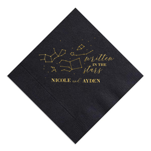 Our personalized Black Cocktail Napkin with Shiny 18 Kt Gold Foil has a Constellations graphic and is good for use in Stars, Astrological and Wedding themed parties and will make your guests swoon. Personalize your party's theme today.