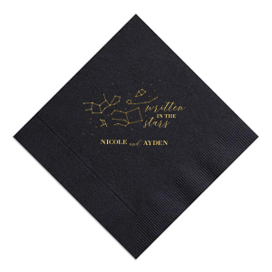Our personalized Black Cocktail Napkin with Shiny 18 Kt Gold Foil has a Constellations graphic and is good for use in Stars, Astrological and Wedding themed parties and will make your guests swoon. Personalize your party's theme today.