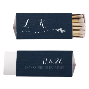 Light the spark of love with the Two Hearts Wedding Match, where initials trail to duet hearts, symbolizing a shared journey. 'Thanks for Celebrating' on the reverse captures the couple’s generous essence, celebrating their union with whimsical charm.