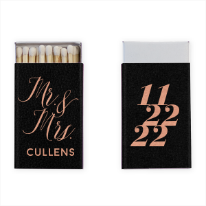 The Modern Date Romance Match features flowing calligraphy of “Mr. and Mrs.” paired with the couple’s name, with bold stacked numerals on the back for a modern keepsake look. Choose it to add a polished, romantic detail guests will remember. Fitting for wedding receptions or engagement parties.