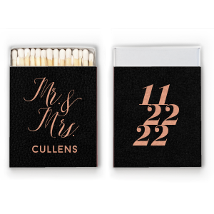 The Modern Date Romance Match features flowing calligraphy of “Mr. and Mrs.” paired with the couple’s name, with bold stacked numerals on the back for a modern keepsake look. Choose it to add a polished, romantic detail guests will remember. Fitting for wedding receptions or engagement parties.