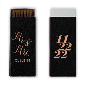 The Modern Date Romance Match features flowing calligraphy of “Mr. and Mrs.” paired with the couple’s name, with bold stacked numerals on the back for a modern keepsake look. Choose it to add a polished, romantic detail guests will remember. Fitting for wedding receptions or engagement parties.