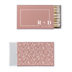 The Modern Cosmic Initial Match features a minimalist border, bold customizable initials and date, paired with a celestial geometric linework pattern on the back. Choose it to add a sleek, personalized detail to your celebration. A clean choice for weddings or engagement parties.