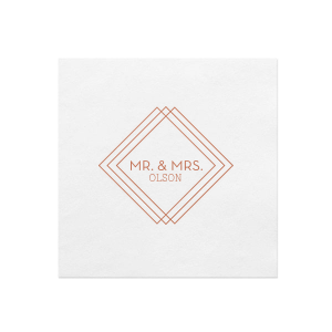 Our beautiful custom White Borderless Cocktail Napkin with Satin Copper Penny Foil Color has a Diamond Frame graphic and is good for use in Industrial, Modern, Wedding themed parties and will give your party the personalized touch every host desires.