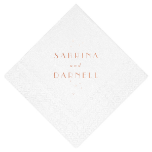 Dive into the glamour of the Roaring Twenties with the Gatsby Deco Names Napkin. This Gatsby-inspired design showcases the couple's names in an elegant Art Deco style, enhanced by tiny effervescent bubbles, adding a celebratory flair. Perfect for events that desire a touch of 1920s elegance and festivity.