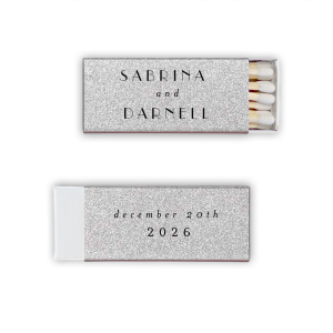 Celebrate in Gatsby style with our Vintage Glamor Glitz Matchbox, personalized with a couple’s names and special date. Its Roaring Twenties design, when chosen with the silver glitter color, brings a touch of vintage glamor. Ideal as a memorable takeaway for guests at themed parties, weddings, or any festive occasion celebrating love and elegance.
