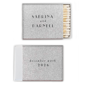 Celebrate in Gatsby style with our Vintage Glamor Glitz Matchbox, personalized with a couple’s names and special date. Its Roaring Twenties design, when chosen with the silver glitter color, brings a touch of vintage glamor. Ideal as a memorable takeaway for guests at themed parties, weddings, or any festive occasion celebrating love and elegance.
