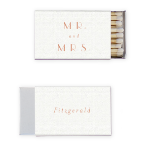 Our beautiful custom Linen White Classic Matchbox with Shiny Rose Gold Foil will impress guests like no other. Make this party unforgettable.