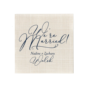 Celebrate nuptial bliss with the We're Married Flourished Script Wedding Napkin design, where a grand declaration in fancy script takes center stage. It's an elegant exclamation of love, perfect for couples proudly announcing their union with a flourish of sophistication and joy.
