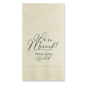 Celebrate nuptial bliss with the We're Married Flourished Script Wedding Napkin design, where a grand declaration in fancy script takes center stage. It's an elegant exclamation of love, perfect for couples proudly announcing their union with a flourish of sophistication and joy.