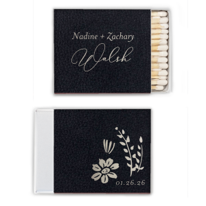 The Artistic Flair Wildflower Wedding Script Names Match elegantly merges sophistication with creativity. One side stylishly presents the couple’s first names. The design’s centerpiece is their last name in a grand script. The reverse features an elegant botanical motif with the event date, beautifully embodying their matrimonial journey.