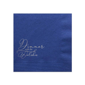 Our custom Dark Navy Luncheon Napkin with Shiny Sterling Silver Foil has a Fancy Flourish graphic and is good for use in dinner, holiday and wedding themed parties and can be personalized to match your party's exact theme and tempo.
