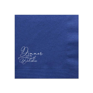 Our custom Dark Navy Luncheon Napkin with Shiny Sterling Silver Foil has a Fancy Flourish graphic and is good for use in dinner, holiday and wedding themed parties and can be personalized to match your party's exact theme and tempo.