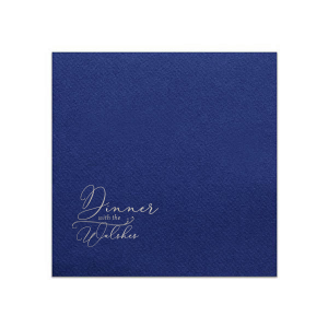 Our custom Dark Navy Luncheon Napkin with Shiny Sterling Silver Foil has a Fancy Flourish graphic and is good for use in dinner, holiday and wedding themed parties and can be personalized to match your party's exact theme and tempo.