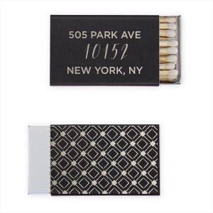 Our beautiful custom Black Classic Matchbox with Shiny Sterling Silver Foil can be customized with your home address and the back has a gorgeous full bleed diamond pattern. It will be that perfect party detail that cannot be overlooked.