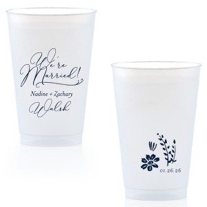 Personalized 14 oz Frost Flex Cup with Matte Stone Blue Ink Colors has a beautiful floral accent graphic and is good for use in wedding and reception themed parties and can be personalized to match your party's exact theme and tempo.